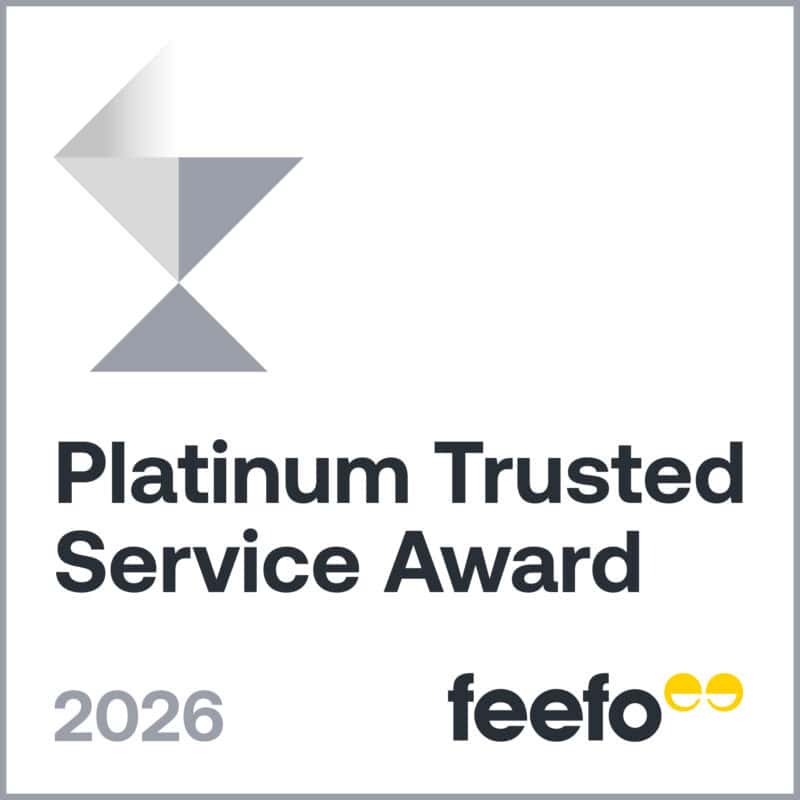 A Platinum Trusted Service Award badge for the year 2026 from Feefo, featuring a geometric logo and the Feefo brand name with two yellow circles.