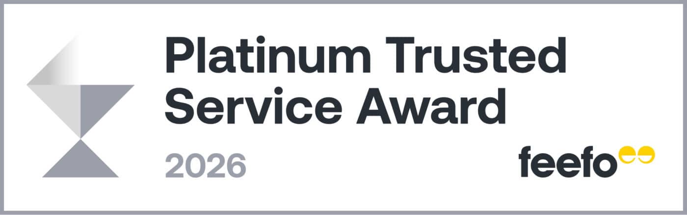 Platinum Trusted Service Award 2026 badge from Feefo, featuring geometric design and Feefo logo with yellow icons.