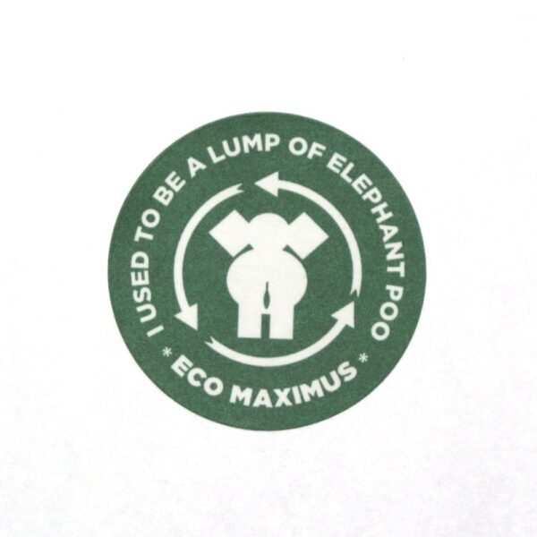 The green circular label features "I used to be a lump of elephant poo" and "Eco Maximus" with an elephant and recycling arrows, ideal for your Small Colourful Elephant Dung Notebook.