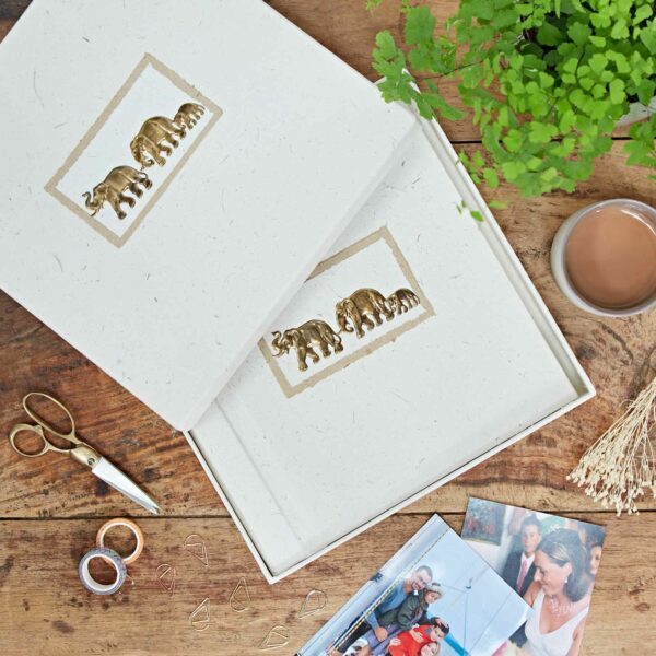 Two white boxes with gold elephant designs made from Elephant Dung paper sit on a wooden table, next to a plant, a cup of tea, scissors, tape, paper clips, and printed photographs—perfect for organising your favourite memories or photo albums.