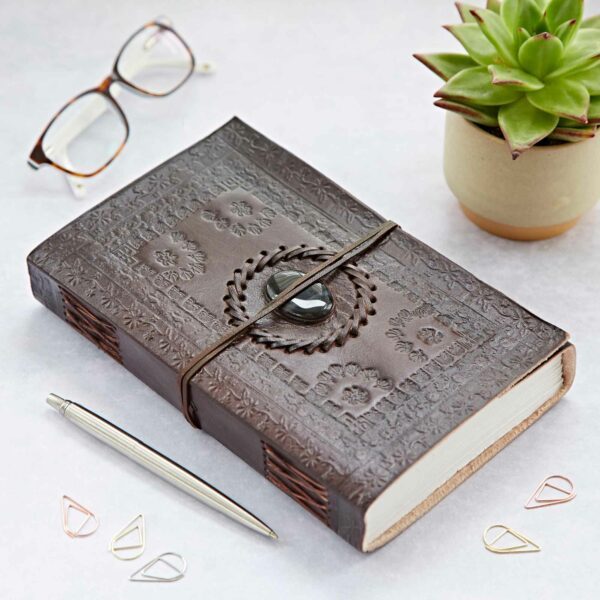 Indra Extra Large Embossed Leather Journal with Semi-Precious Stone - Image 3