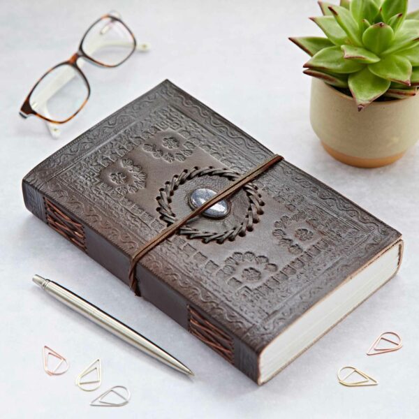 Indra Extra Large Embossed Leather Journal with Semi-Precious Stone - Image 5