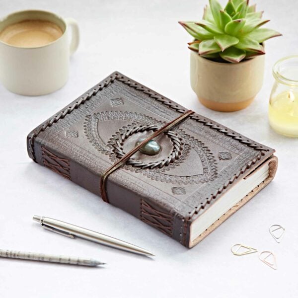 Indra Extra Large Embossed and Stitched Leather Journal with Semi-Precious Stone - Image 5