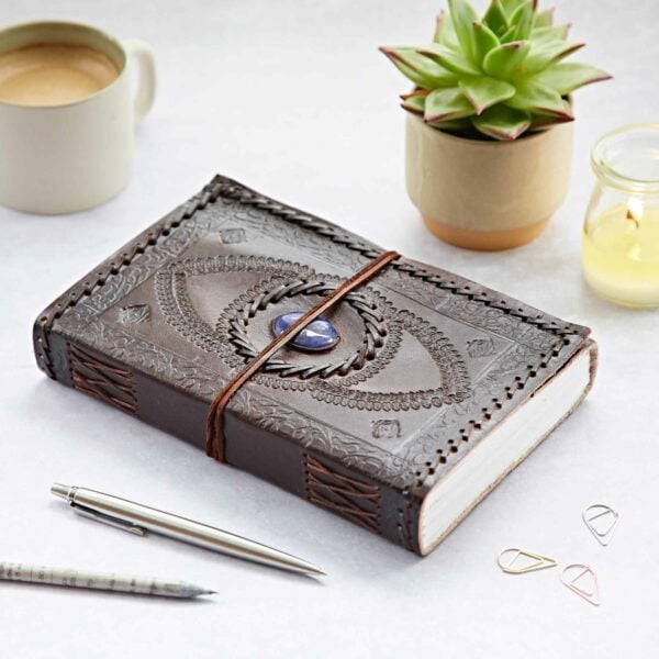 Indra Extra Large Embossed and Stitched Leather Journal with Semi-Precious Stone - Image 4