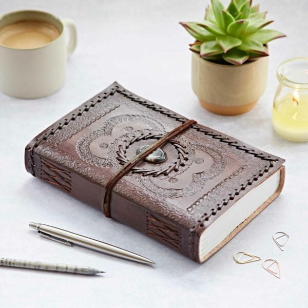 Indra Extra Large Embossed and Stitched Leather Journal with Semi-Precious Stone - Image 3