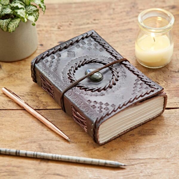 Indra Medium Embossed and Stitched Leather Journal with Semi-Precious Stone - Image 3