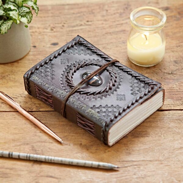 Indra Medium Embossed and Stitched Leather Journal with Semi-Precious Stone - Image 4