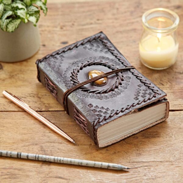Indra Medium Embossed and Stitched Leather Journal with Semi-Precious Stone - Image 5