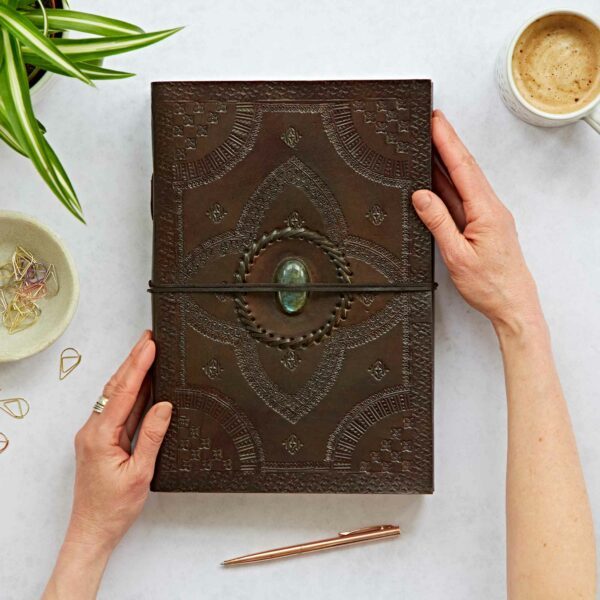 Indra A4 Embossed Leather Journal with Semi-Precious Stone - Image 5