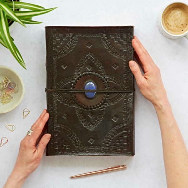 Indra A4 Embossed Leather Journal with Semi-Precious Stone - Image 4