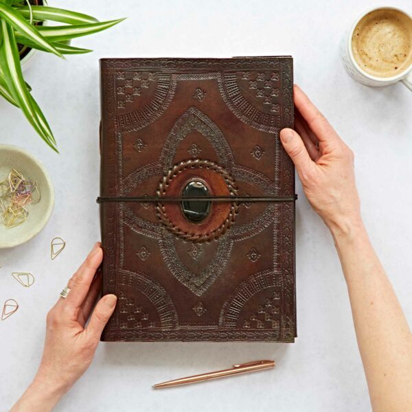 Indra A4 Embossed Leather Journal with Semi-Precious Stone - Image 3