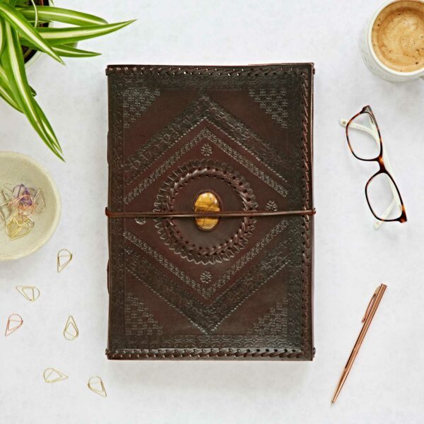 Indra A4 Embossed and Stitched Leather Journal with Semi-Precious Stone - Image 4