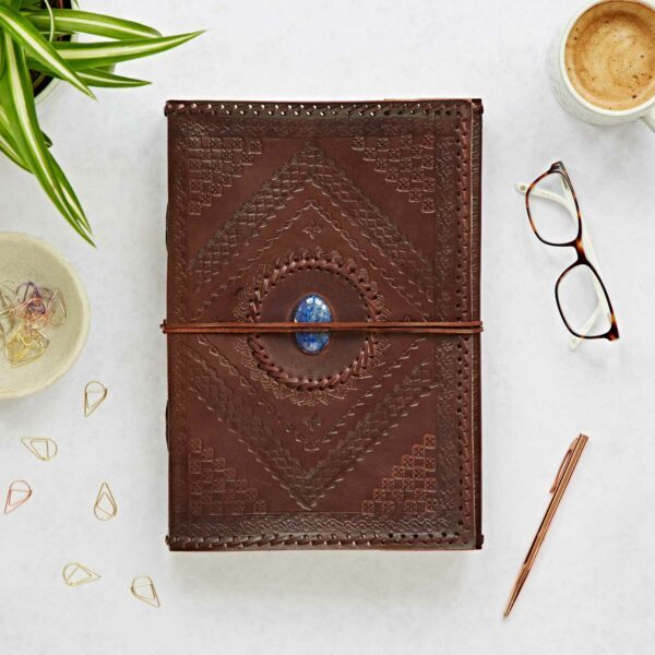 Indra A4 Embossed and Stitched Leather Journal with Semi-Precious Stone - Image 5