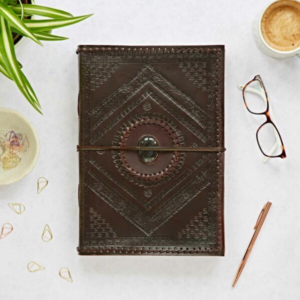 Indra A4 Embossed and Stitched Leather Journal with Semi-Precious Stone - Image 3