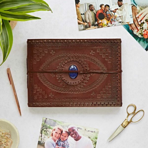 Indra Medium Embossed and Stitched Leather Photo Album with Semi-Precious Stone - Image 5