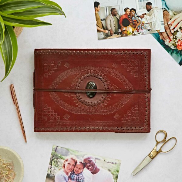 Indra Medium Embossed and Stitched Leather Photo Album with Semi-Precious Stone - Image 4