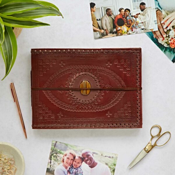 Indra Medium Embossed and Stitched Leather Photo Album with Semi-Precious Stone - Image 3