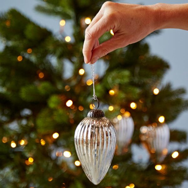 Set of 3 Silver Antique Effect Recycled Glass Teardrop Baubles - Image 3