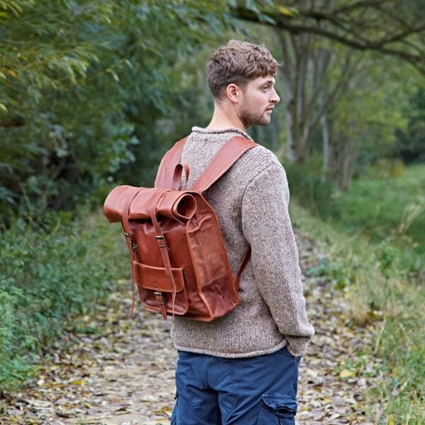 Personalised Brown Leather Rolltop Backpack