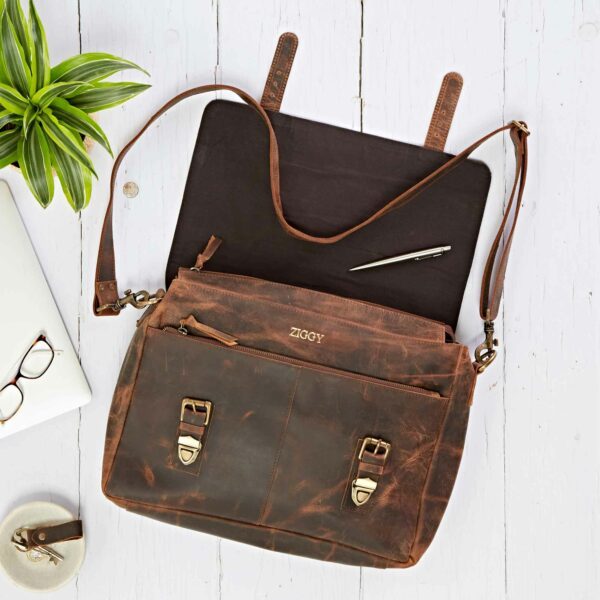 Personalised Brown Buffalo Leather Satchel Style Messenger Bag - Image 5