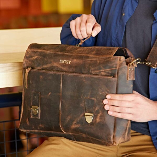 Personalised Brown Buffalo Leather Satchel Style Messenger Bag - Image 4