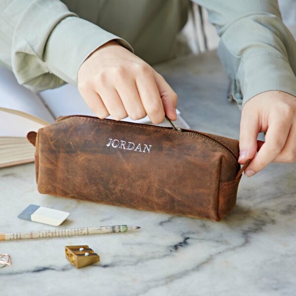 Personalised Buffalo Leather Square Pencil Case.