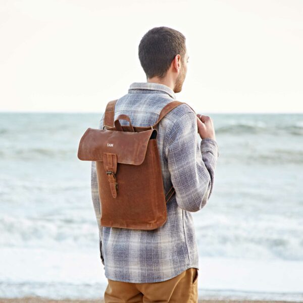 Personalised Brown Buffalo Leather Slim Backpack - Image 2