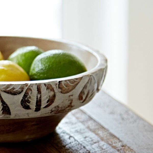 Antique White Leaf Design Mango Wood Bowl - Image 3