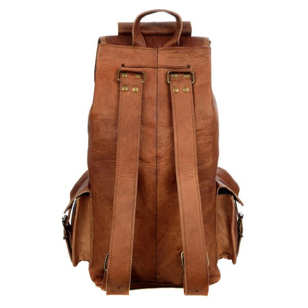 The Personalised Large Brown Leather Rucksack is handmade with sustainable practices and features adjustable shoulder straps, metal hardware, and two side pockets with buckles for a stylish, responsible choice.