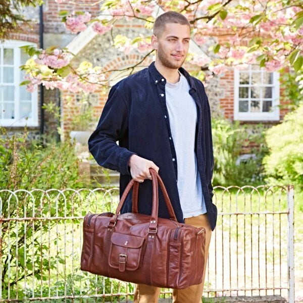 Personalised Brown Leather Holdall with Zipped Pockets - Image 6