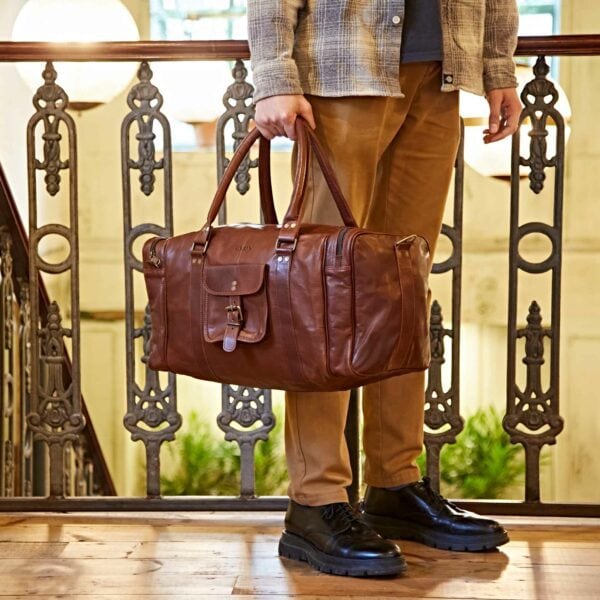 Personalised Brown Leather Holdall with Zipped Pockets - Image 4