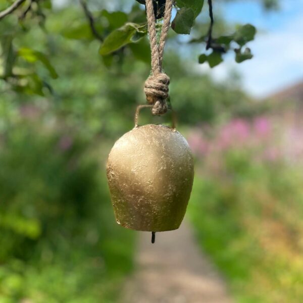 A Kapani Small Gold Iron Cow Bell, hanging by a rope from a tree branch, is set against the backdrop of a garden path and lush foliage.