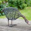 Anka the Drinking Duck Wire Garden Ornament, with its head lowered, stands gracefully on a wooden surface outdoors, surrounded by grass and plants.