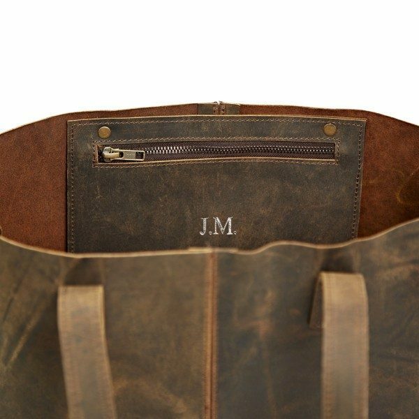 Open Personalised Brown Buffalo Leather Tote Shopping Bag displaying an interior zippered pocket with 