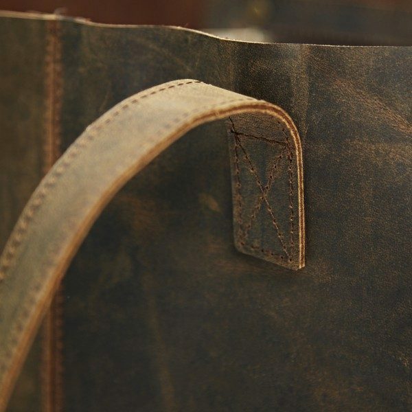 Close-up of the Personalised Brown Buffalo Leather Tote Shopping Bag, highlighting the handle attached with reinforced stitching.