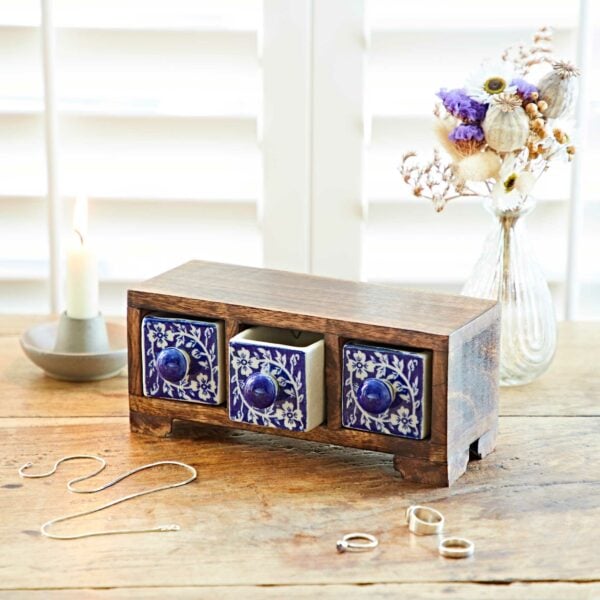 Hand Painted Blue Floral Ceramic 3 Drawer Chest - Image 3