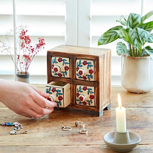 White floral mango wood 4 drawer jewellery box sustainable