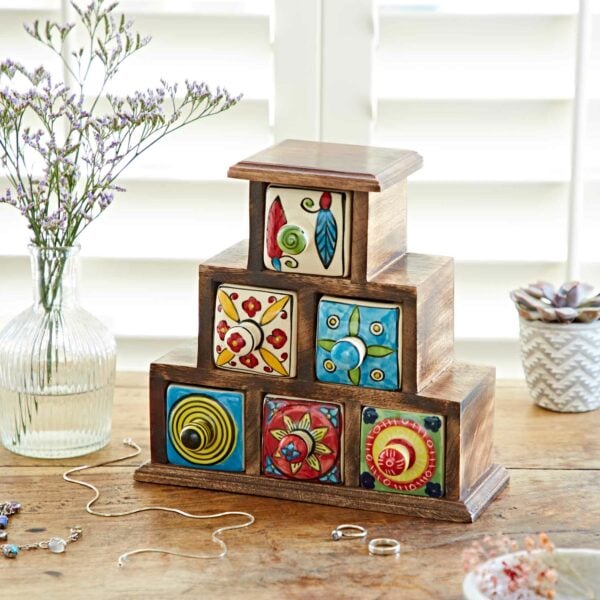 Hand Painted Multicoloured Ceramic 6 Drawer Pyramid Chest - Image 3