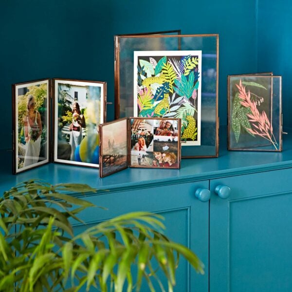 A collection of photo frames, including an Antique Brass Recycled Glass Folded Double Photo Frame featuring assorted pictures of people, leaves, and patterns, is elegantly arranged on a blue cabinet with a leafy green plant in the foreground.