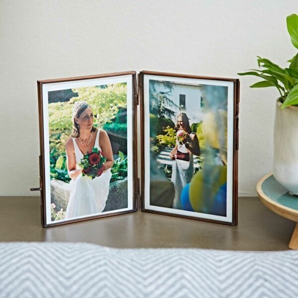 Antique Brass Recycled Glass Folded Double Photo Frame - Image 4