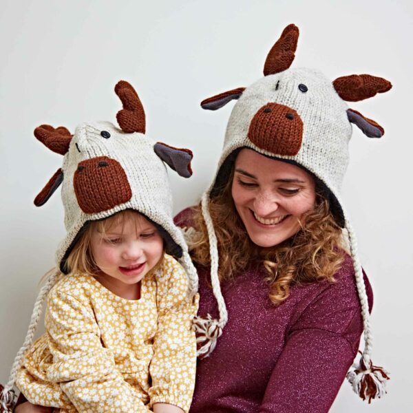 A woman and a little girl wearing Fair Trade and hand knitted Reindeer Woollen Animal Hats.