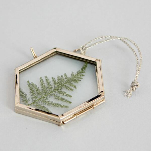Hexagonal gold frame pendant encasing a pressed green fern, with a silver chain attached. This mini glass hexagon hanging photo frame transforms nature into an elegant accessory.