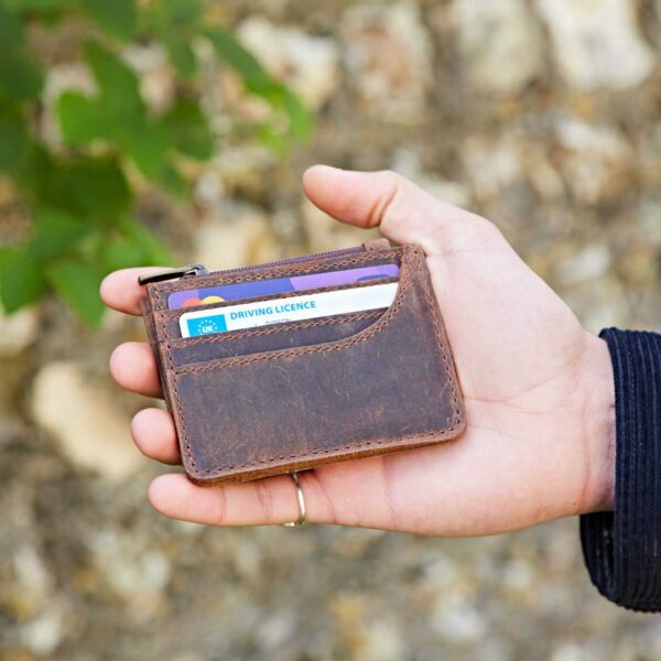 Brown Buffalo Leather Slim Zipped Card Holder - Image 4