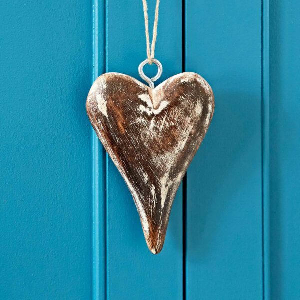 Mango Wood Heart and Star Decorations crafted from mango wood with a distressed finish, hanging on a string against a blue panel background.
