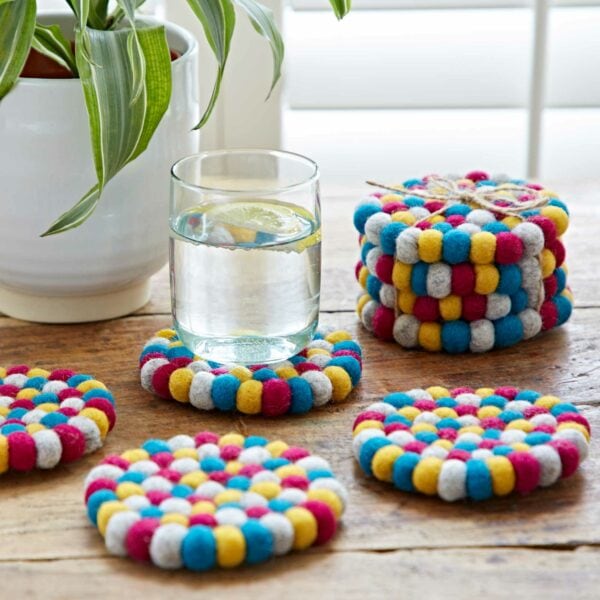 Set of 4 Handmade Felt Ball Coasters.