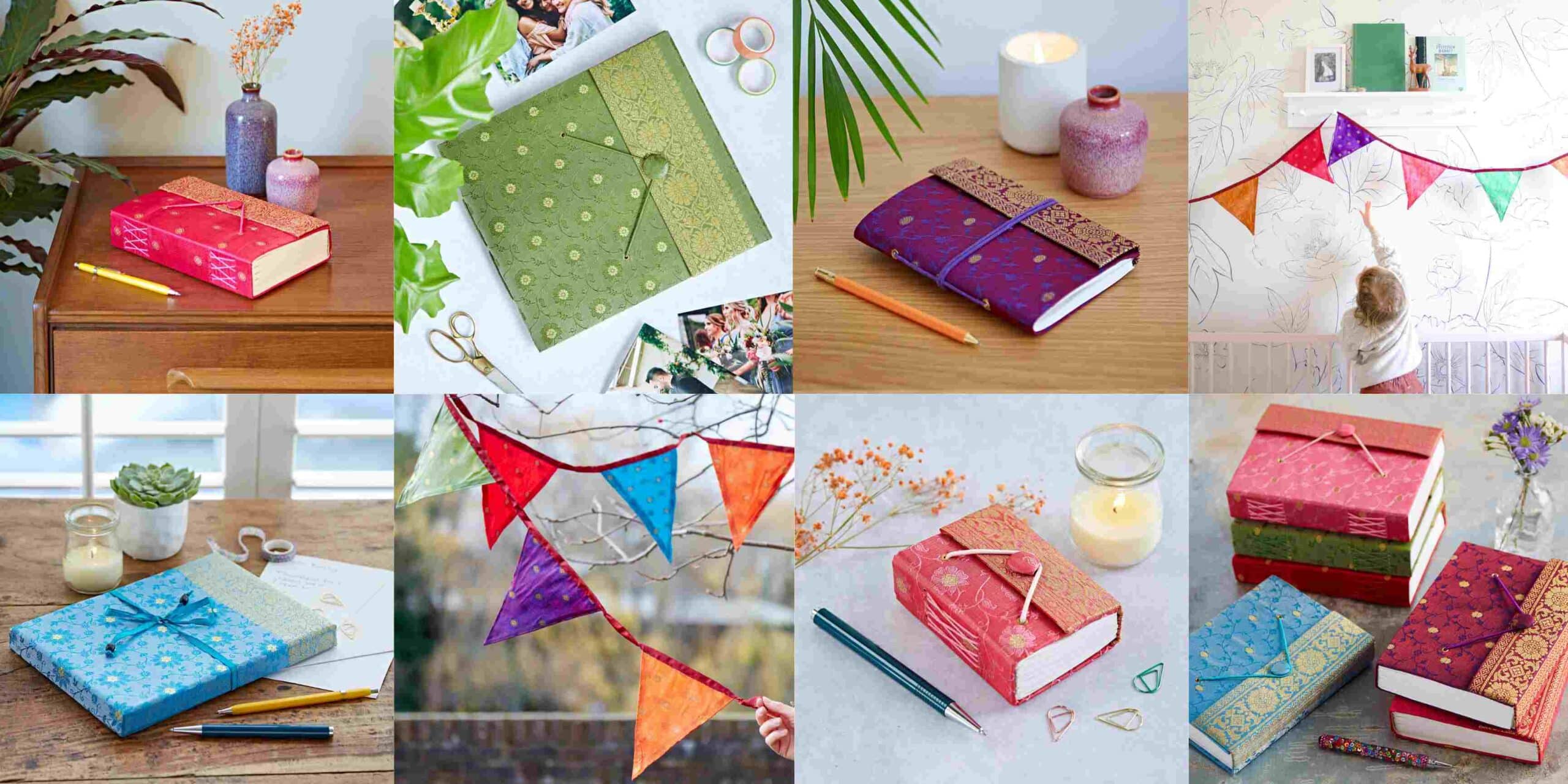 A collage of pictures featuring various books and decorations made from lokta paper.