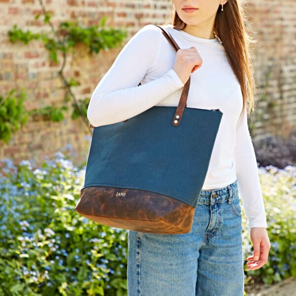 Personalised Buffalo Leather And Blue Canvas Tote Bag - Image 3