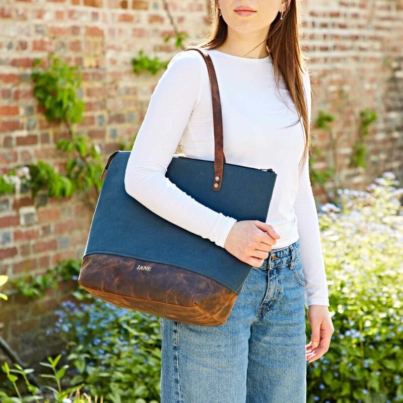 Blue Leather and Canva tote bag Fair Trade Bag