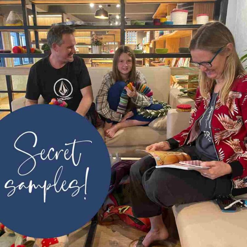 A group of people sitting on a couch with the text "Secret Samples from our Trip to Nepal".