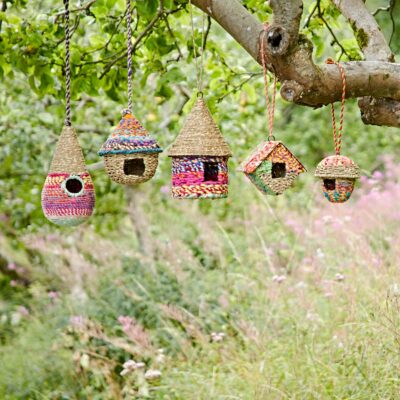 Birdhouses hanging from a tree in a garden.